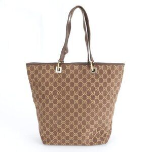 Gucci GG Canvas Leather Tote Shoulder Hand Brown
